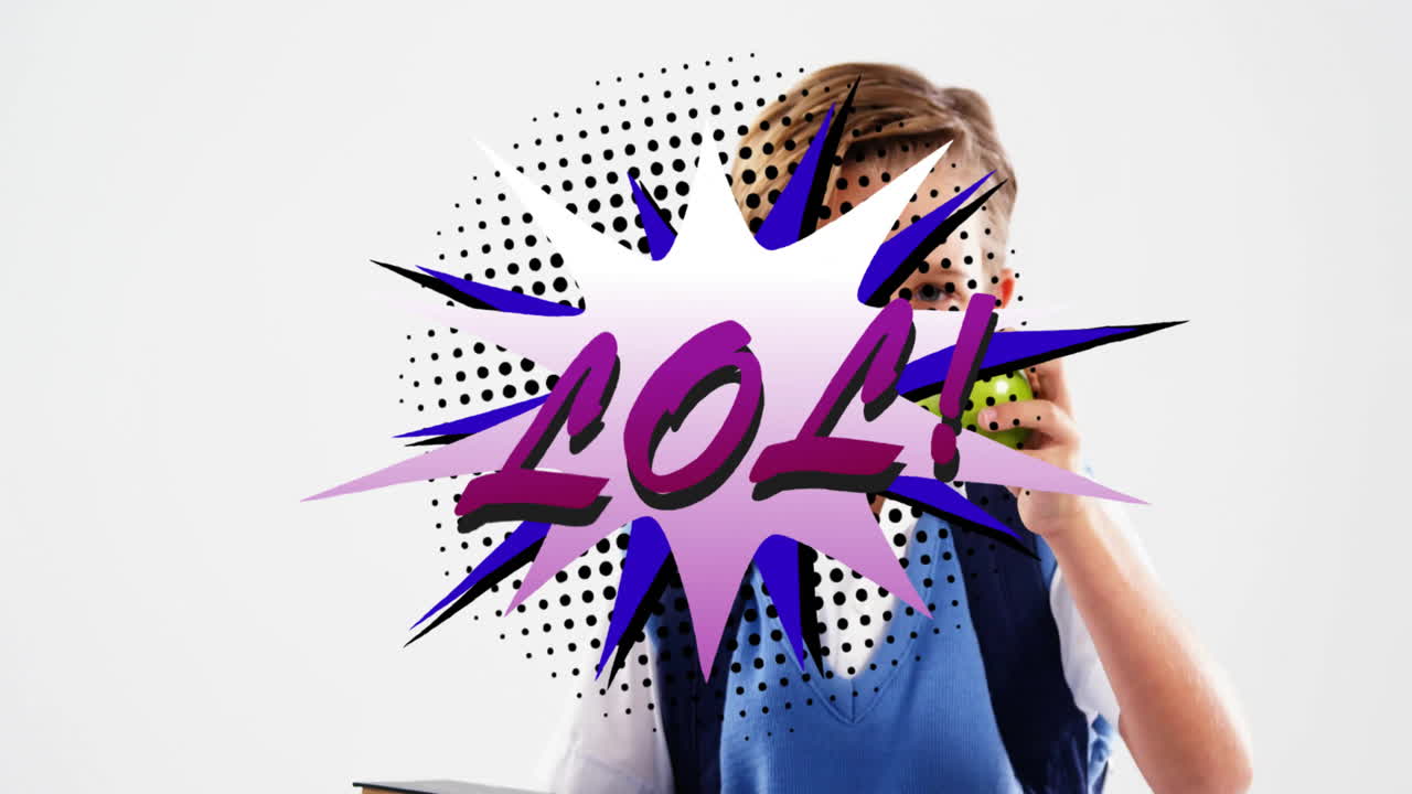 Holding green apple, person with comic-style LOL! text animation overlaid