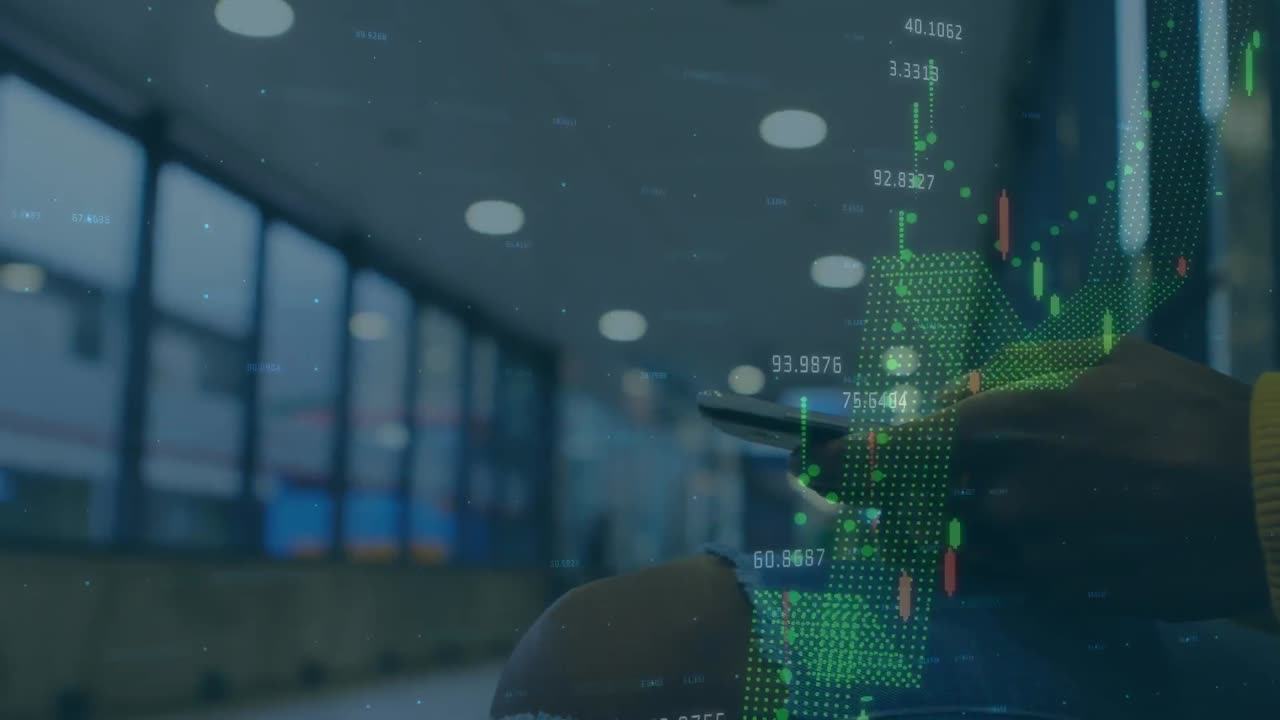 Animation of data processing over man using smartphone