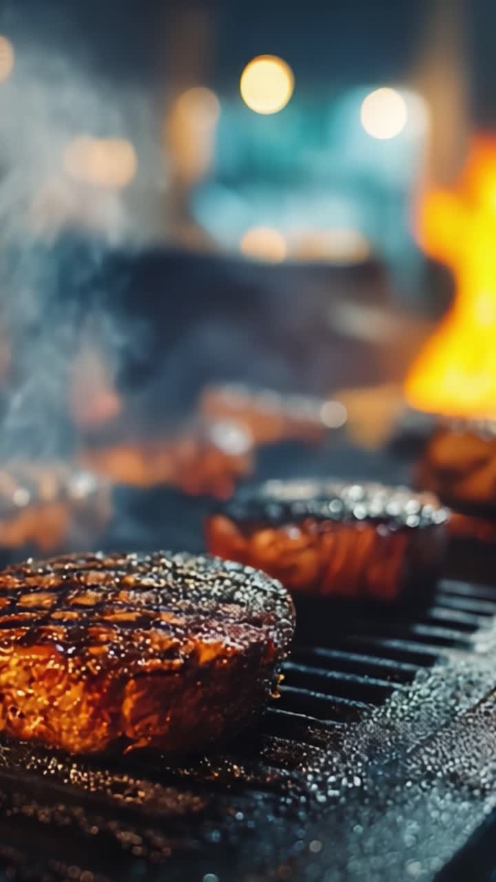 Una vista ravvicinata di bistecche sfrigolanti sulla griglia con fiamme che danzano sullo sfondo, che mostrano la consistenza succosa e i segni di grigliatura perfetti