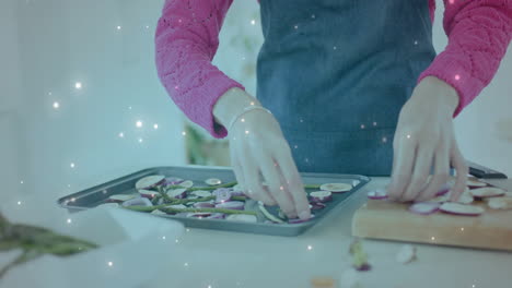 Biracial-woman-arranging-chopped-vegetables-in-kitchen,-cooking-over-spots-of-light