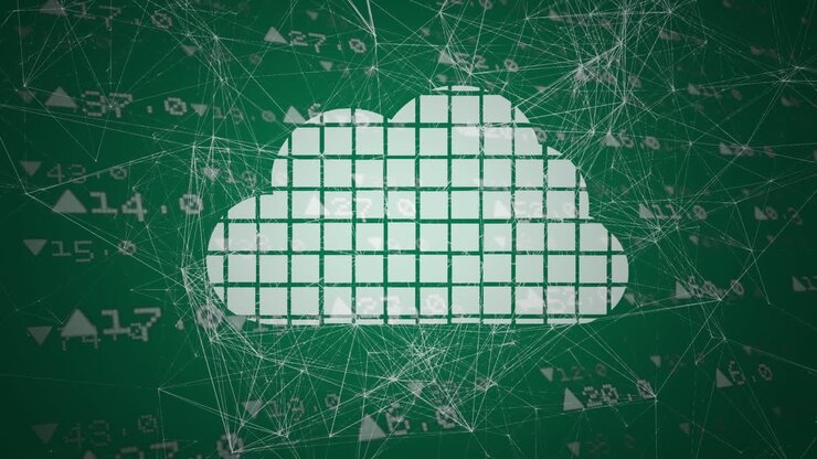 Cloud made from squares and interconnecting white lines on green background
