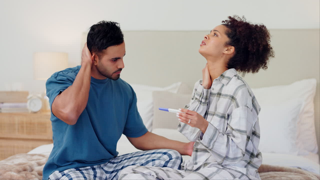 Couple, hands and stress for pregnancy test