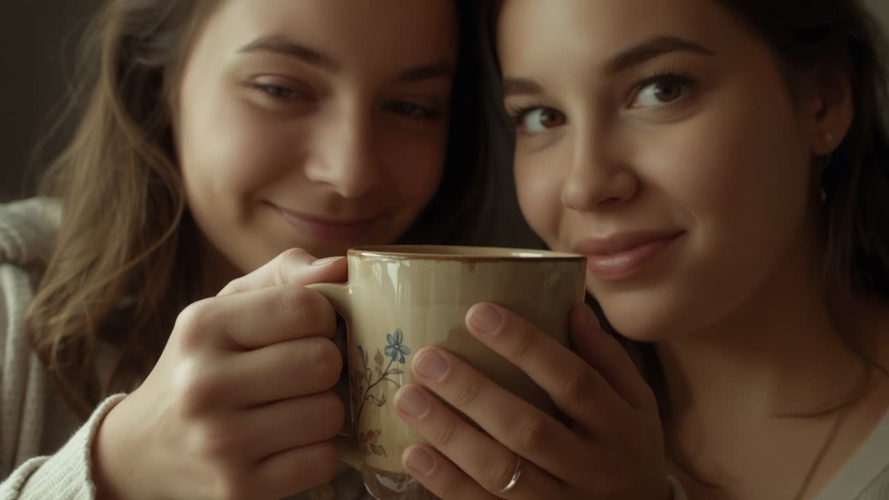 Presentazione di due donne che tengono in mano una tazza di ceramica in una stanza con illuminazione soffusa, con top leggeri, che si scambiano sorrisi