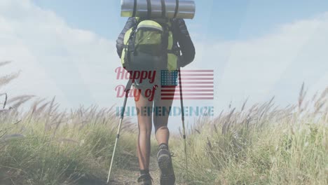 animation of independence day text over biracial woman hiking