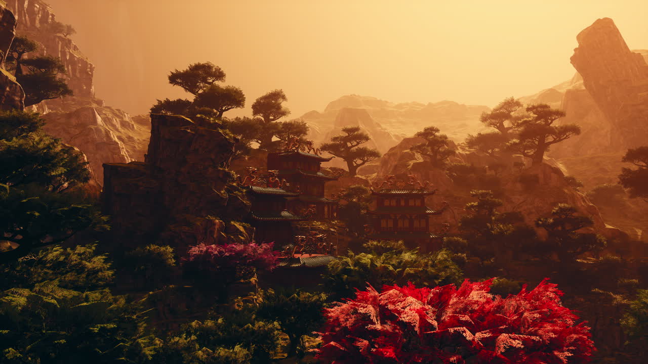 templo de montaña sereno en medio de la vegetación exuberante y las flores al atardecer