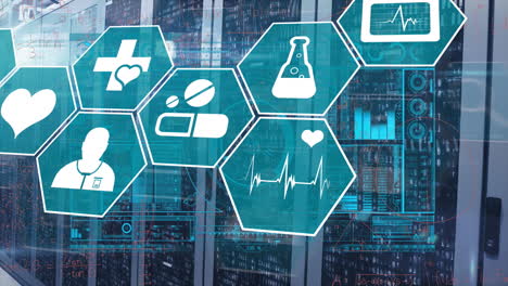animación del procesamiento de datos con iconos médicos en la sala del servidor.