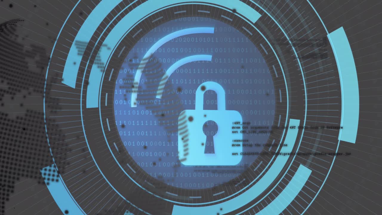 animación de escaneo de alcance con icono de candado y procesamiento de datos sobre el globo sobre fondo negro