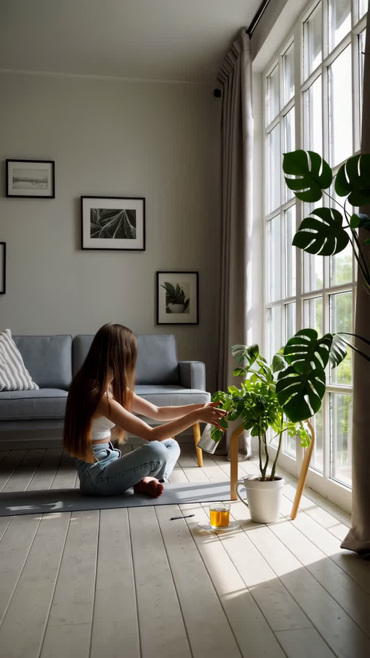 Woman Relaxing and Hydrating in a Bright, Plant-Filled Living Room