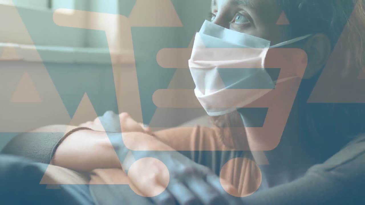 얼굴 마스크를 입은 여성 위에 쇼핑 카트의 애니메이션