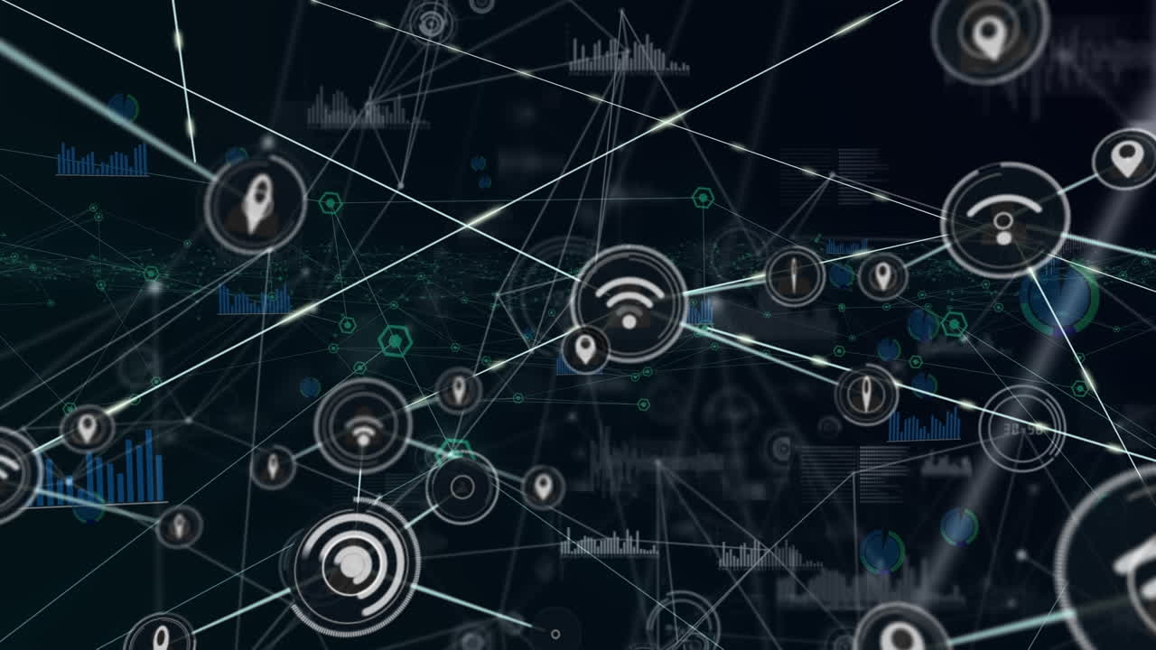 animación del procesamiento de datos e iconos sobre fondo negro