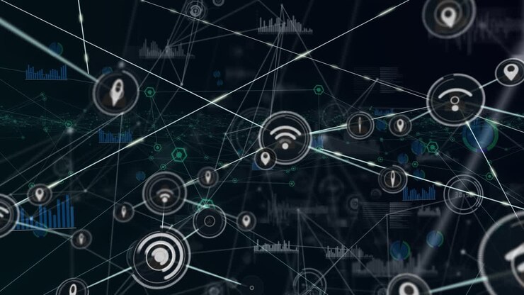 Animation of data processing and icons over black background