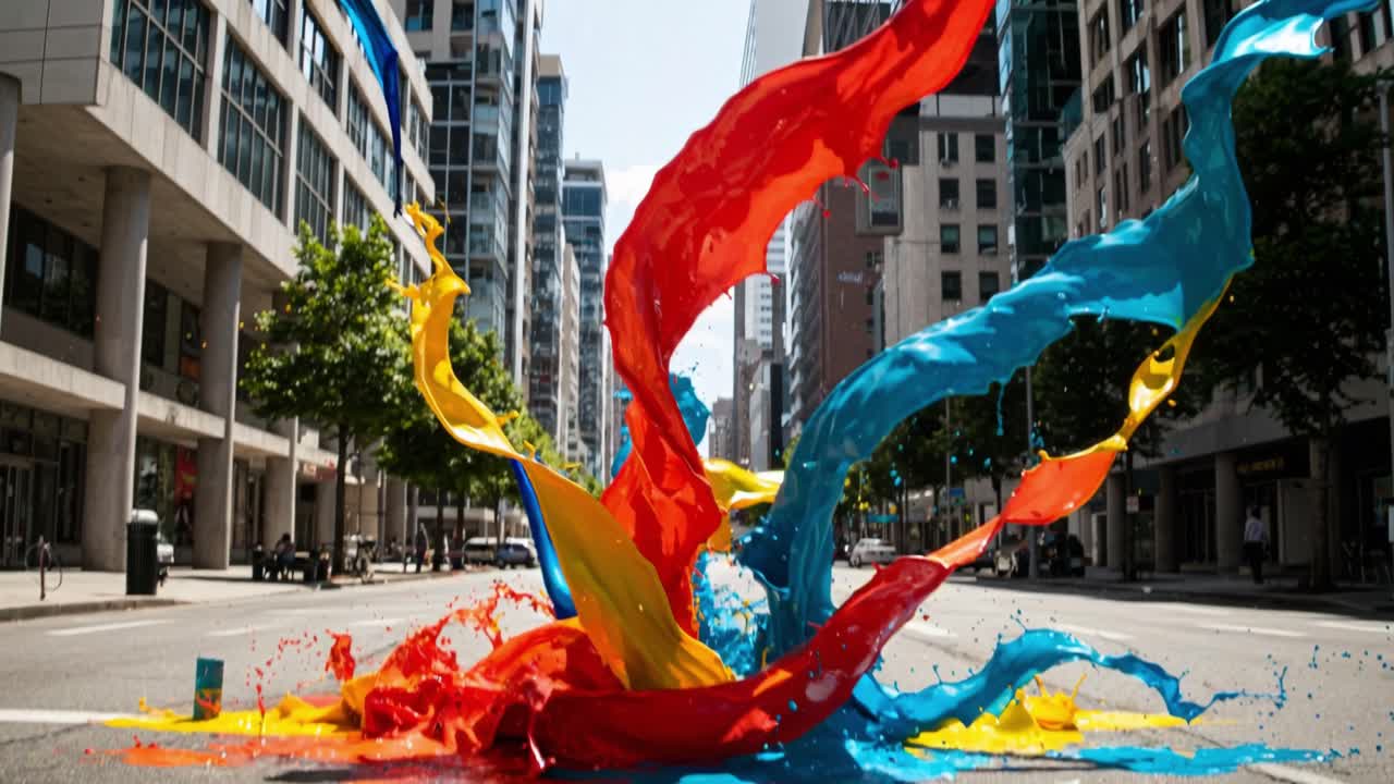 Bright colors explode across an urban street as paint splashes create a vivid spectacle. This dynamic art demonstration captivates onlookers in a bustling city environment. The warm shades of red and orange meet the cool tones of blue and yellow, creating a stunning contrast on the pavement. This ev