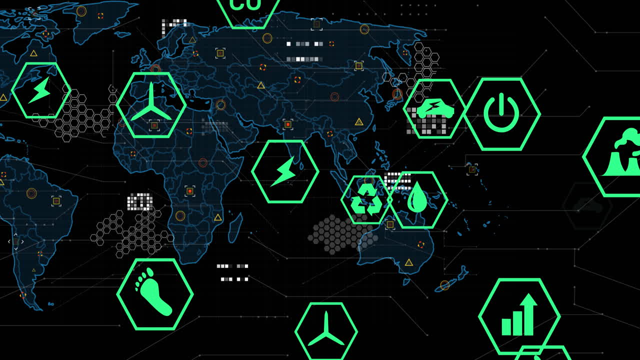 세계 지도 위의 여러 디지털 아이콘의 애니메이션과 검은 바탕에 대한 데이터 처리