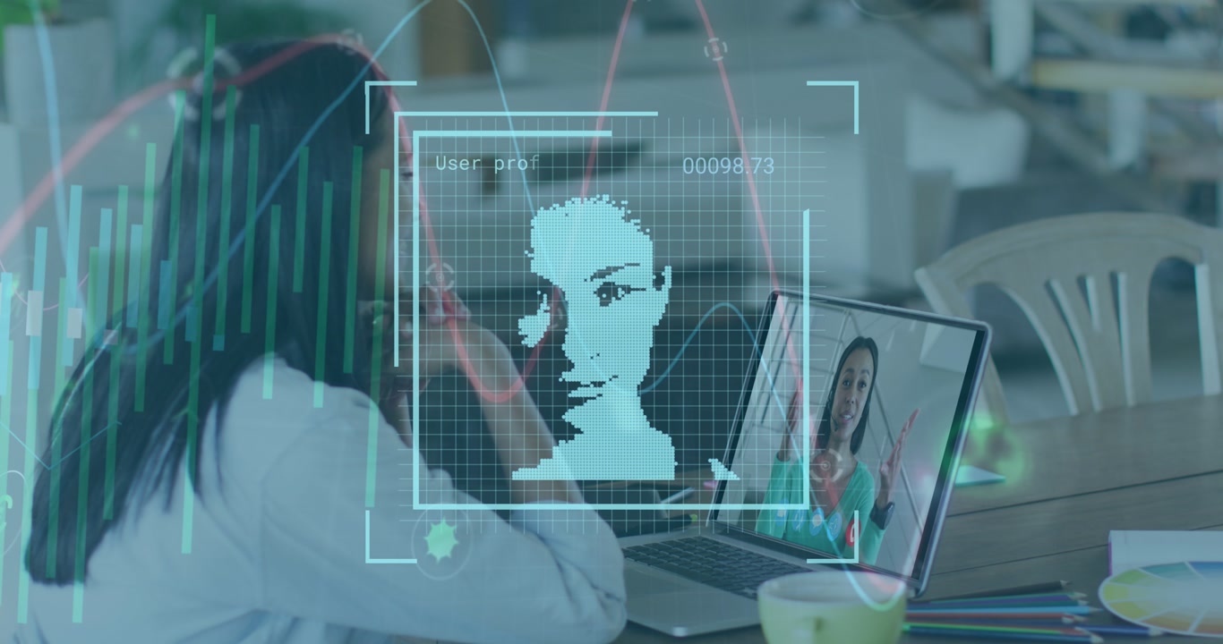 Animation of graphs and user photos over woman having video call on laptop