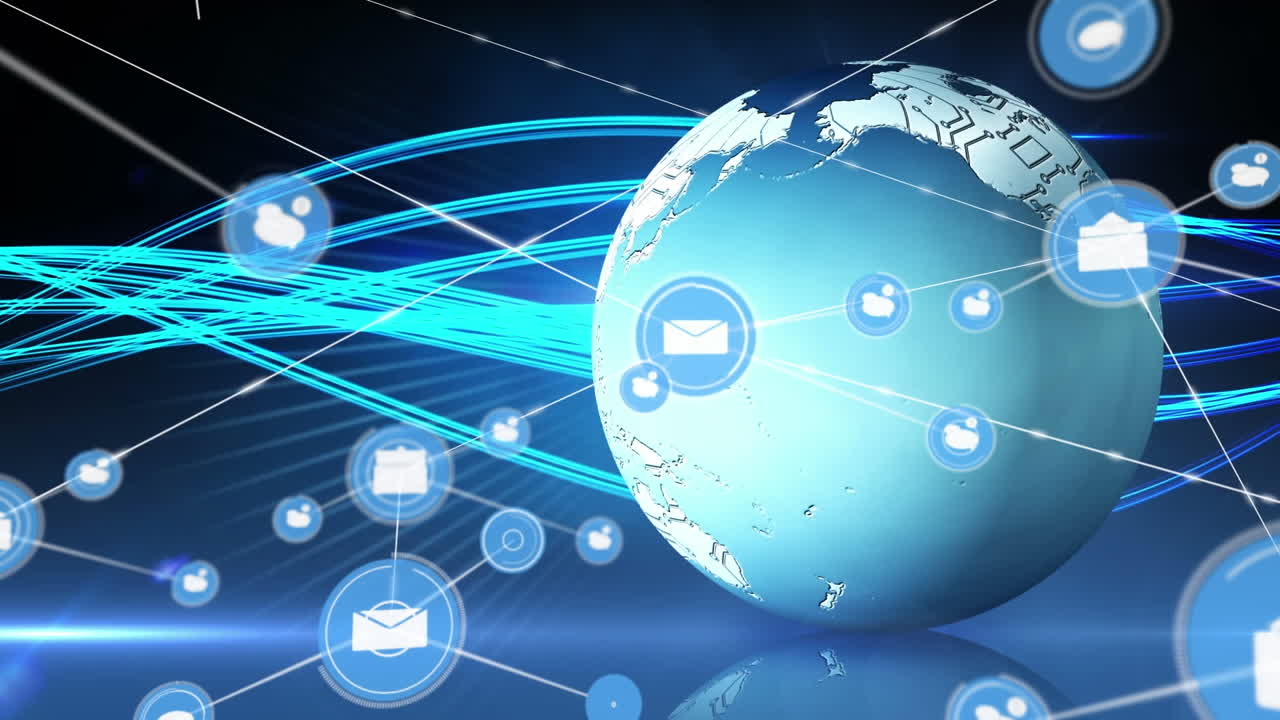 Animation of network of digital icons over spinning globe and blue glowing light trails