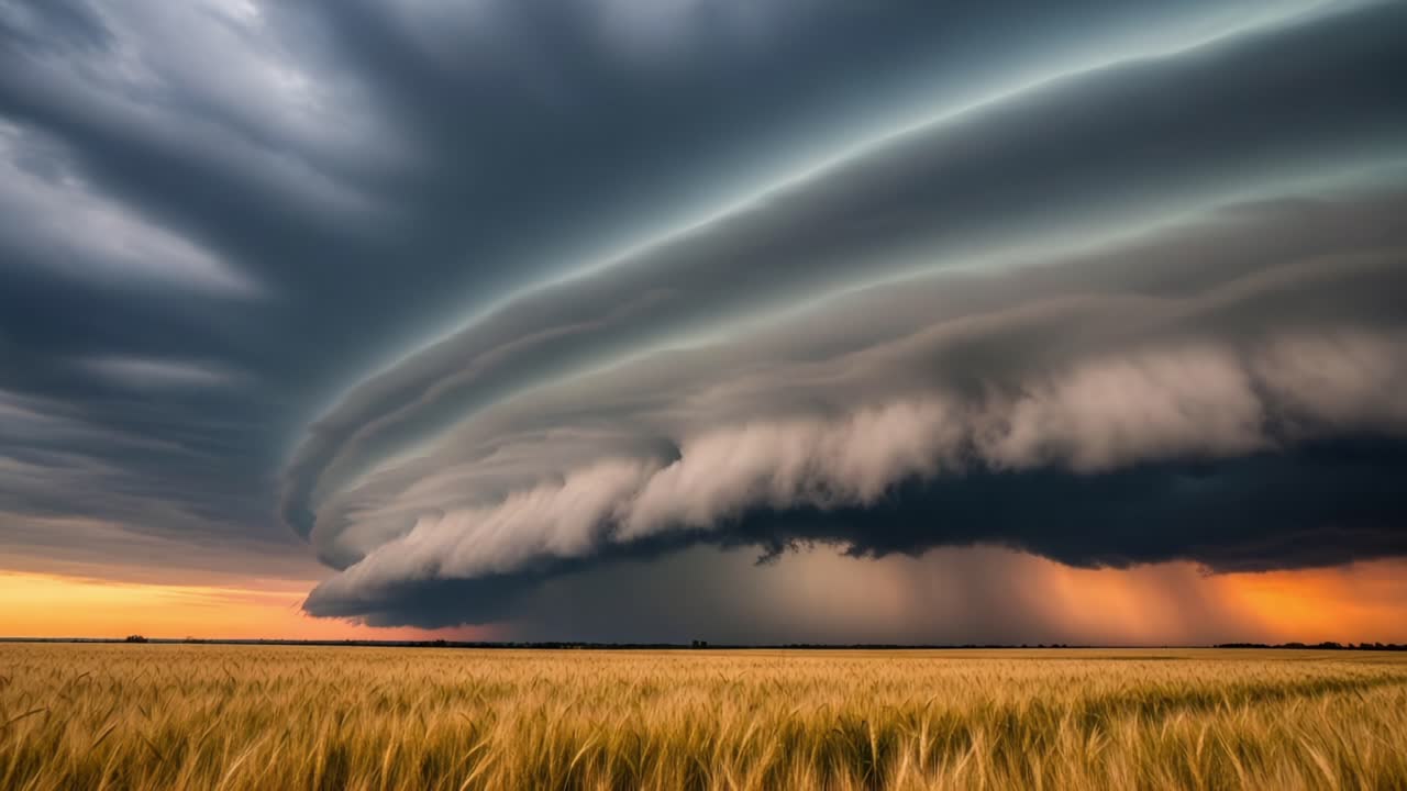 A Majestic Display of Dramatic Storm Clouds Over a Golden Field at Sunset, Capturing the Beauty and Power of Nature's Fury in a Breathtaking Transformation