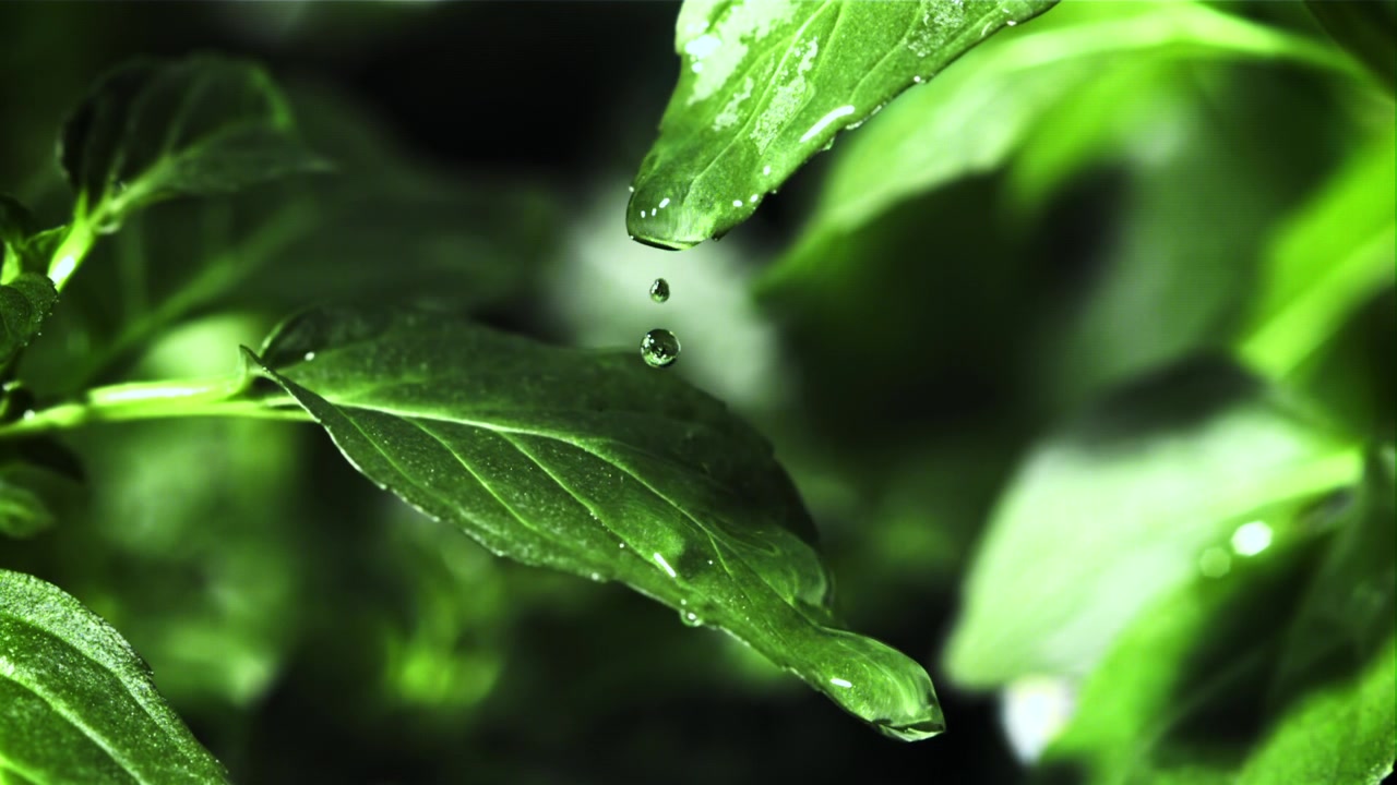 Goccia d'acqua al rallentatore che cade su foglia verde