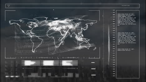 Animation-of-illuminated-loading-bars,-map-over-modern-cityscape-against-cloudy-sky