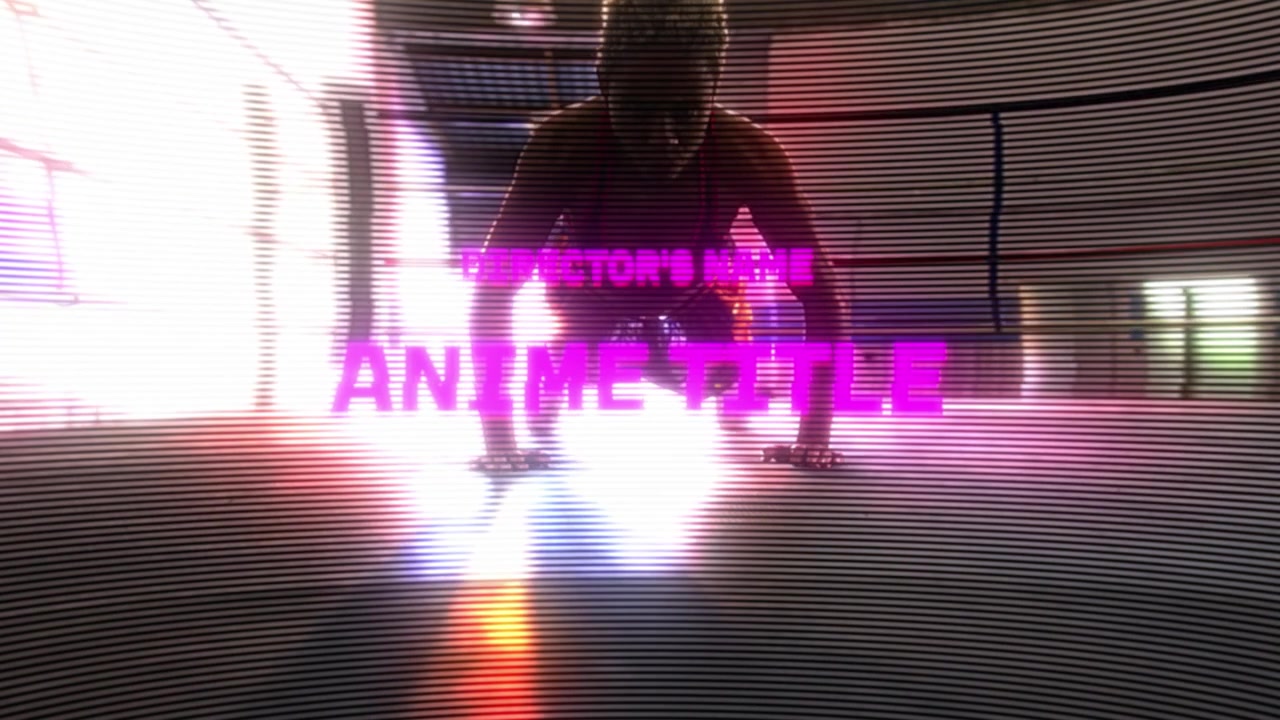 Titelsekvens i anime-stil med glitch-effekter og rumbaggrund