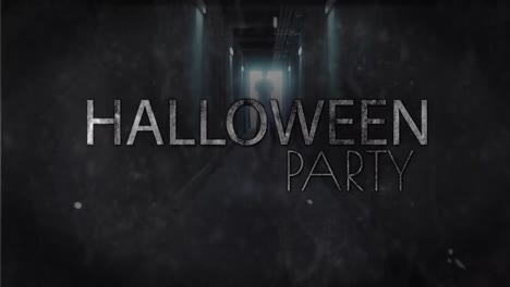 Animation-Eines-Halloween-Partytextes-In-Weiß-über-Einer-Gruseligen,-Von-Hinten-Beleuchteten-Figur-Am-Ende-Des-Dunklen-Korridors