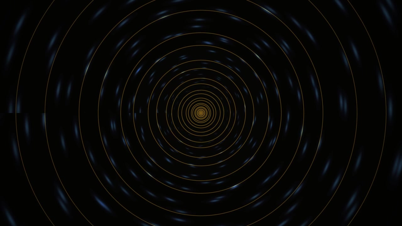 Abstract Animation of Concentric Golden Rings with Glowing Blue Light Particles