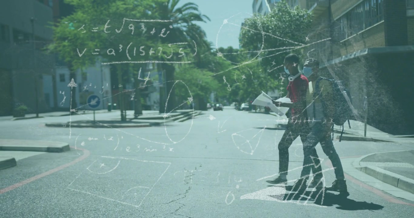 Two men crossing street consulting map, sparking translucent math formulas drifting for education