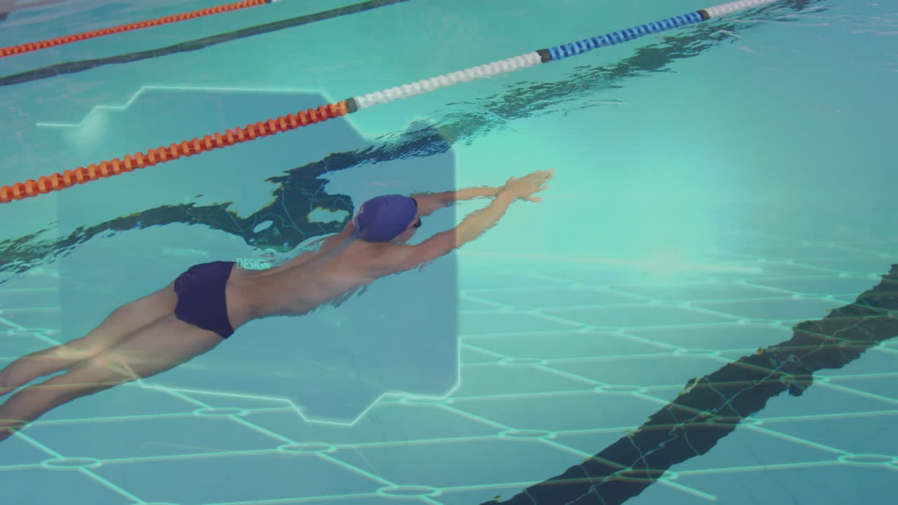 Swimming in pool, swimmer with lane dividers and underwater grid pattern visible