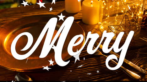 animation of merry text over stars and christmas decorations