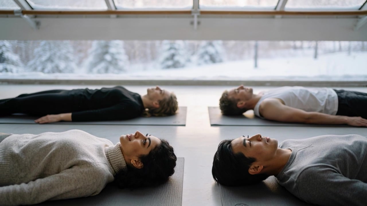 Quattro partecipanti sdraiati che respirano mentre la sessione inizia in studio vicino a una finestra innevata, con tappetini da yoga.