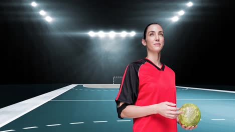 animación de una jugadora de balonmano caucásica sosteniendo la pelota sobre un estadio deportivo