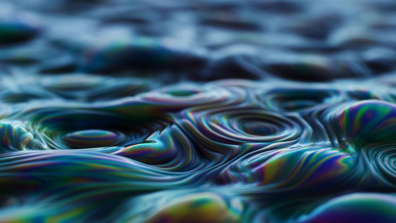 Close-up of overlapping circular ripples across a dark water surface with shimmering iridescent reflections, creating an abstract textured background
