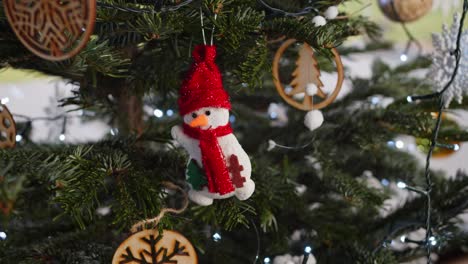 snowman decorations christmas tree changing focus 4k