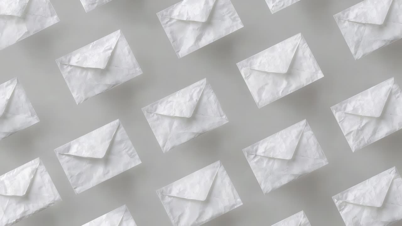 Looping field of white envelopes shifting diagonally across gray backdrop creating subtle parallax