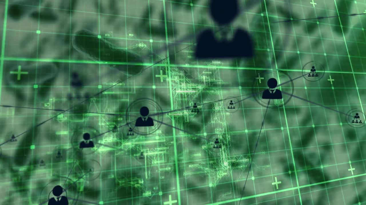 red de iconos de perfil sobre la red de cuadrícula contra los vasos sanguíneos flotando en fondo verde