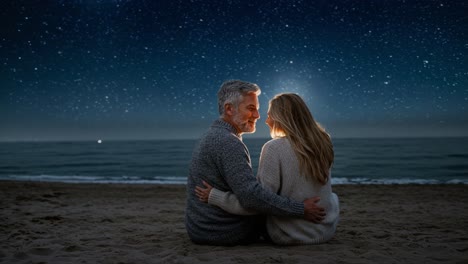 on a serene beach at night, a couple shares a tender moment, seated close together on the sand. the clear sky is lit by countless stars, creating a magical atmosphere. with gentle waves lapping at the shore nearby, they exchange smiles and laughter, cozying up in their warm sweaters. the beauty of t