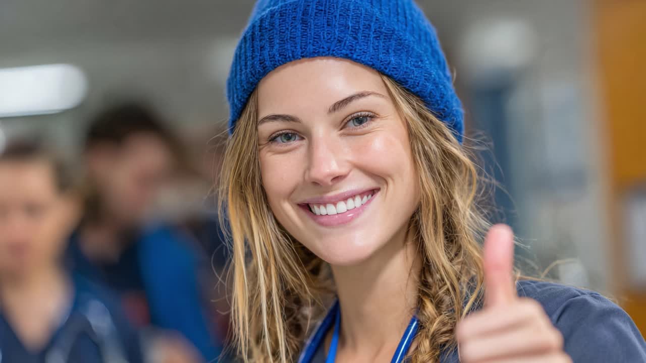 A Cheerful Medical Professional Giving a Thumbs Up in a Hospital Setting, Radiating Positivity and Confidence through Her Smiling Expression and Cozy Attire