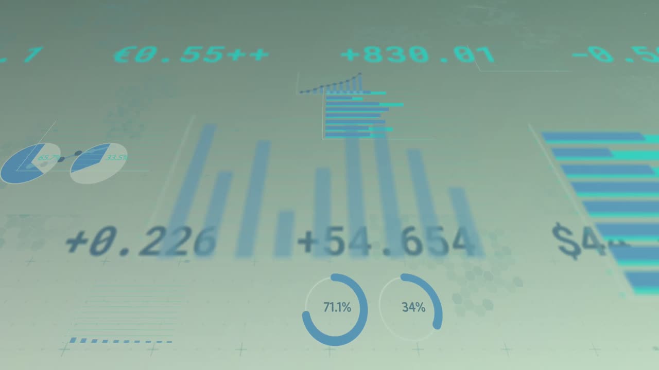 Animation of financial data and graphs over green background
