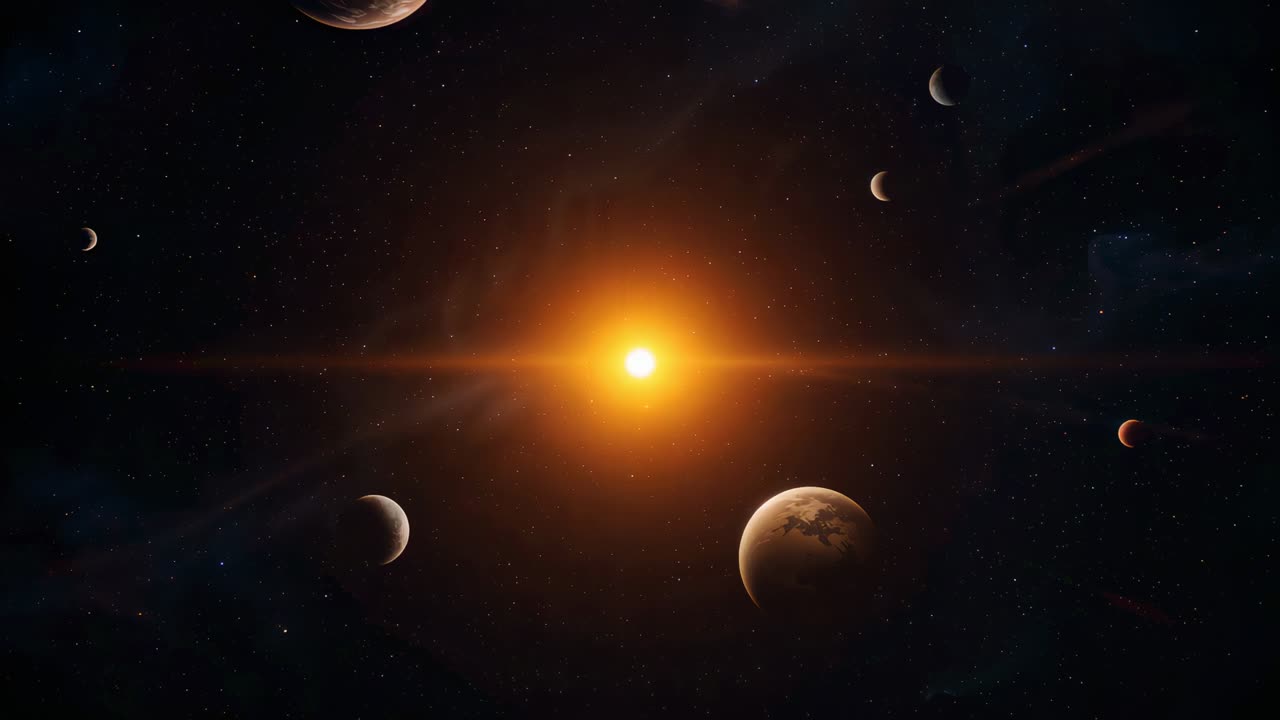 Emitting bright orange star pulling large lower-right planet by gravity in outer space, lens flare