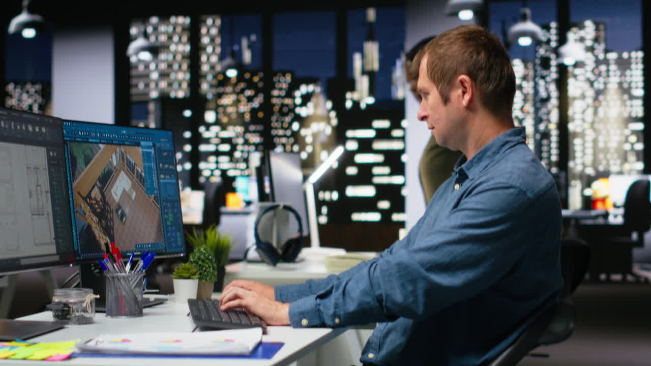 Portrait of male specialist in office uses CAD software and blueprints plan