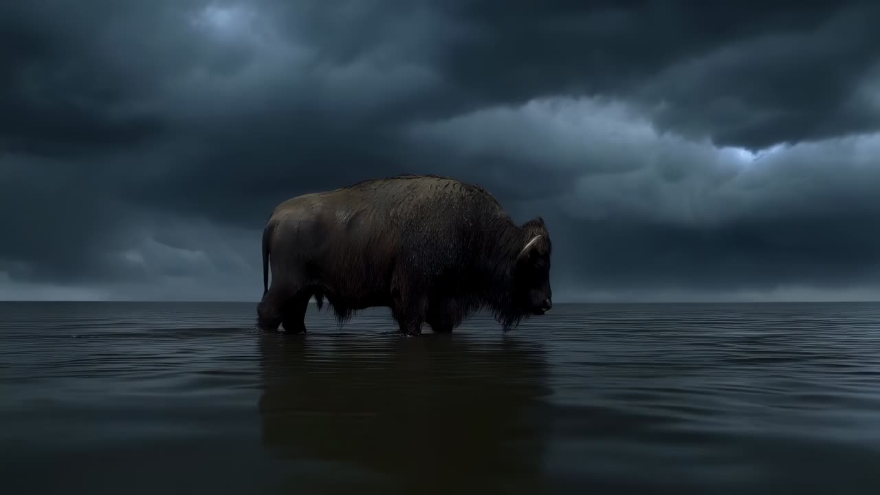 Voksen bison, der går mod kameraet hen over lavt vand og skaber krusninger under stormskyer