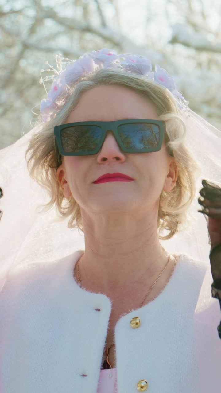 Stylish Mature Bride Puts on Sunglasses in Snowy Winter