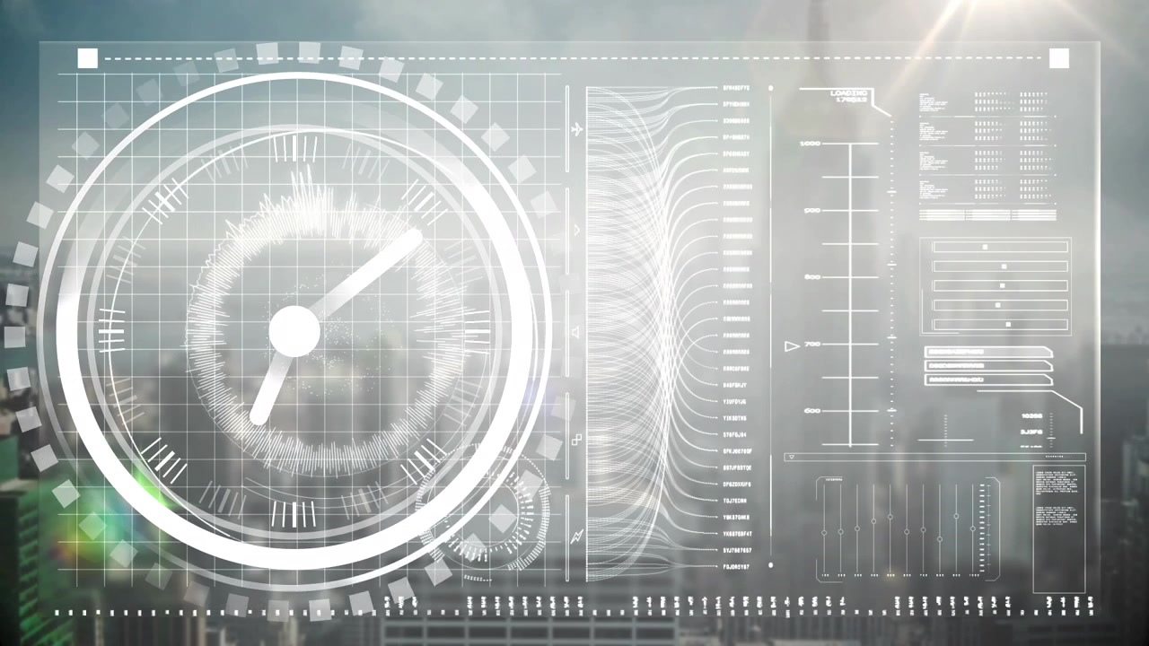 Orologio digitale che ticchetta su interfaccia con elaborazione dati su sfondo grigio