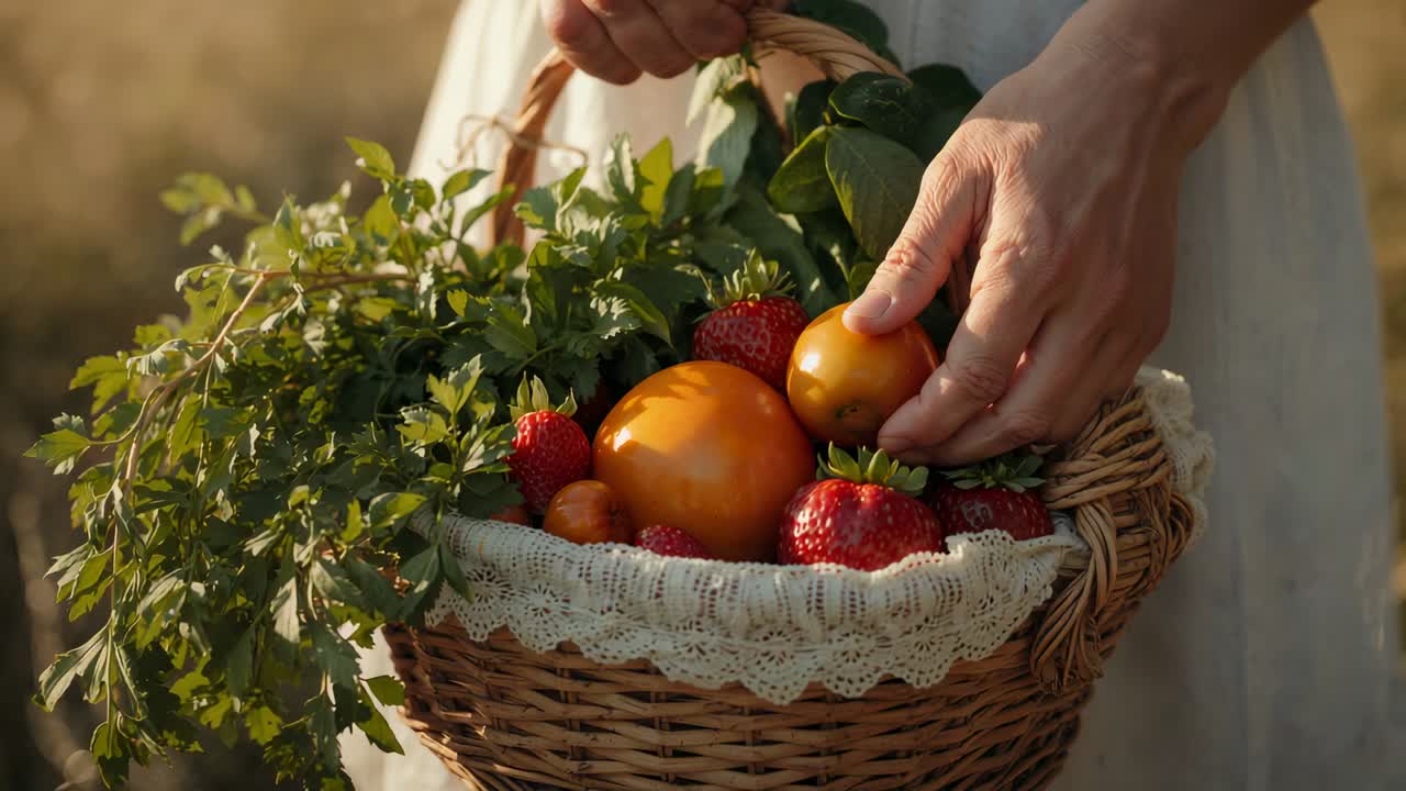 Gripping handle, woman's hands adjusting orange and berries in meadow, dress, woven basket