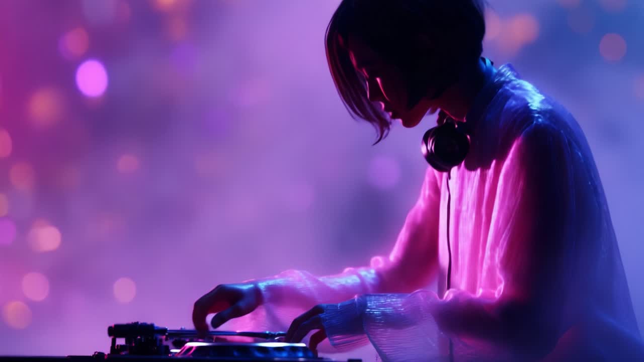 A captivating DJ performing under vibrant and colorful lights, creating a mesmerizing ambiance filled with energy and rhythm as the crowd gets lost in the music experience