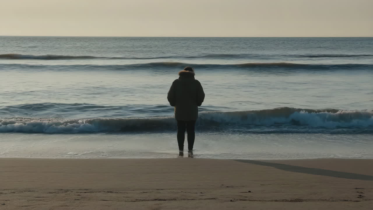 Person standing on a beach looking at the ocean