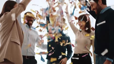 celebration of joy and togetherness: a group of friends sharing laughter, confetti, and smiles in a bright and cheerful environment capturing the essence of happiness