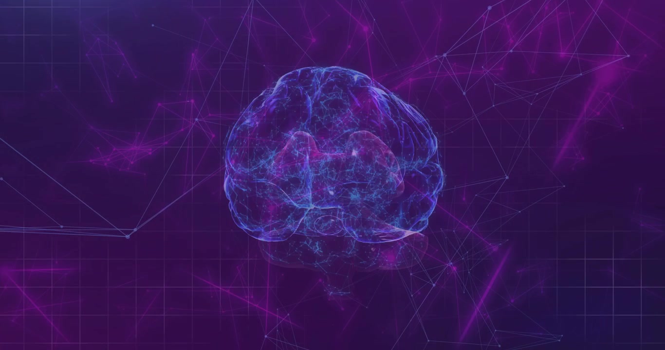Brain hologram appearing then rotating full circle highlighting neural circuits in looping showcase