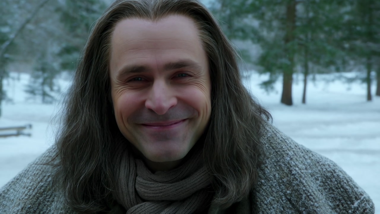 Smiling Man Snowy Forest Portrait With Long Hair Knit Scarf Wool Coat Gentle Gaze Serene Mood Winter Bench