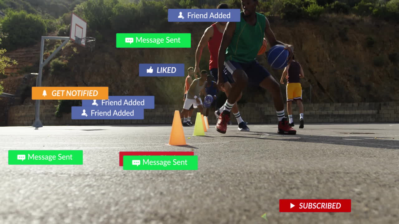 Dribbling around cones, basketball players practicing with animation of notifications