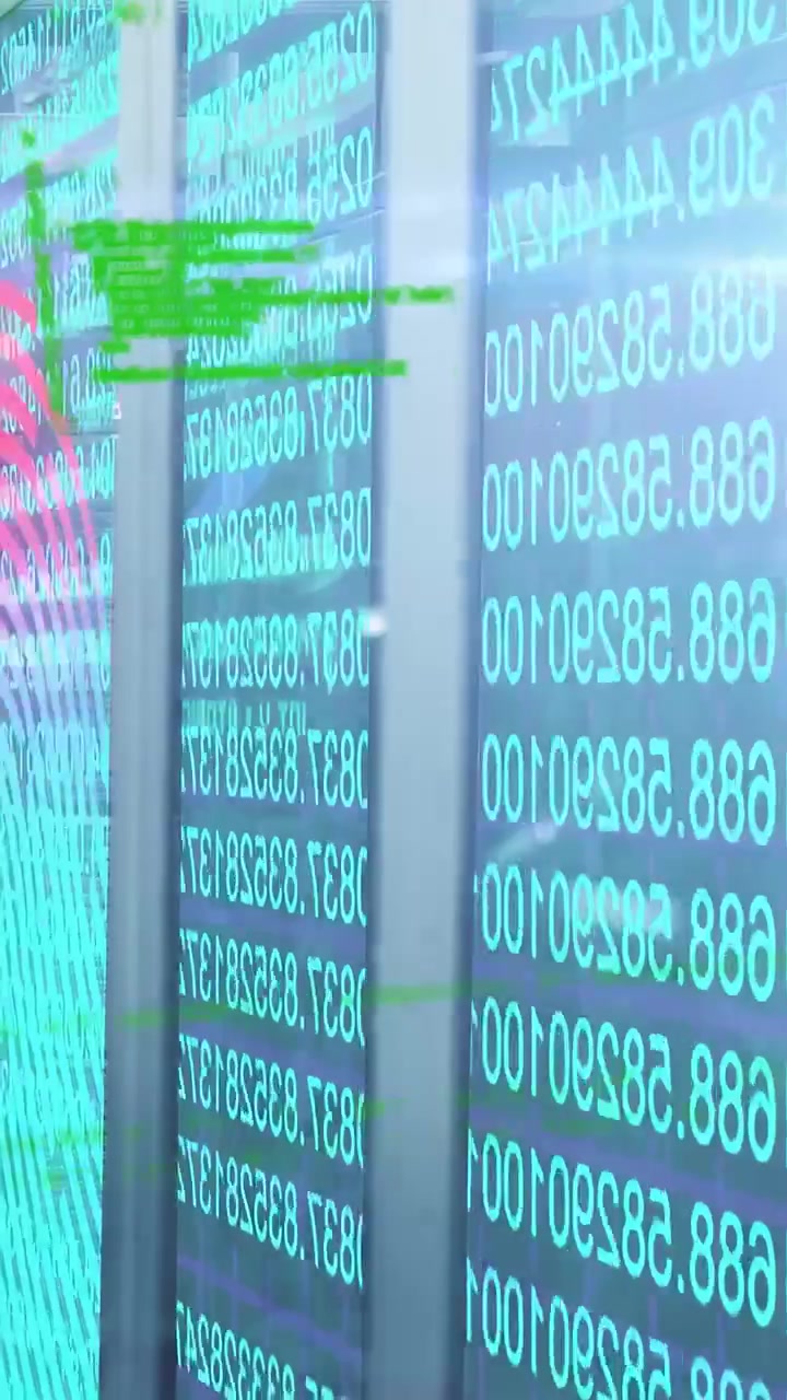 Vertical video: Camera panning right, panels sliding teal numbers with green overlays, showing data